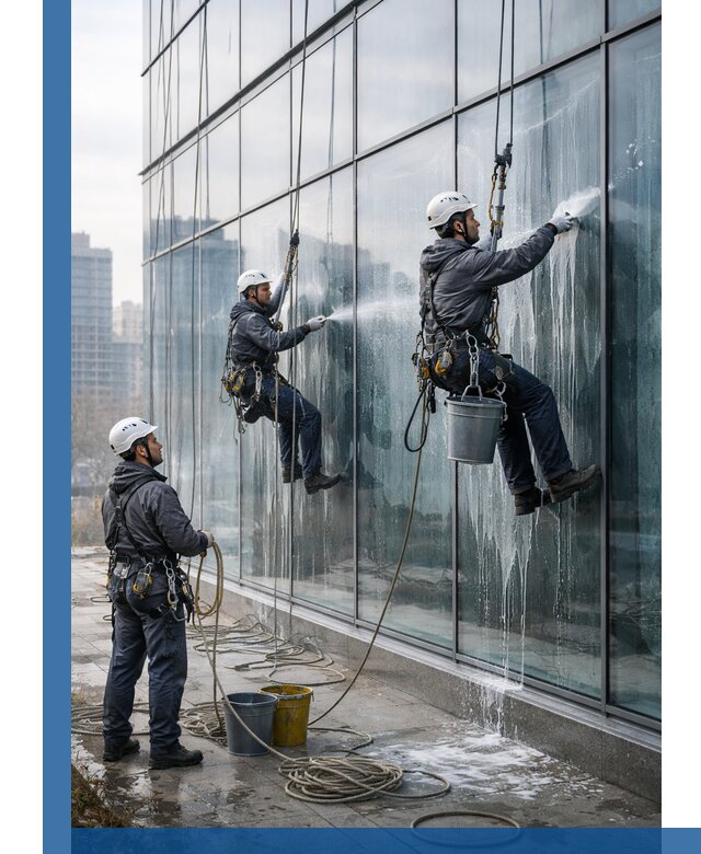 Промышленная мойка панорамных окон на высоте в Дмитрах