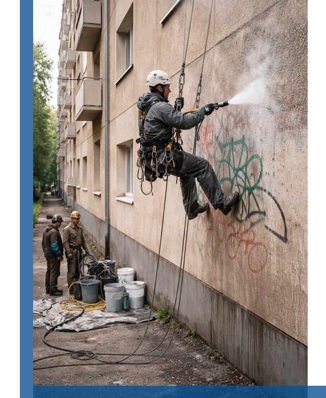 Удаление граффити с фасада в Дмитрах без следов и повреждений