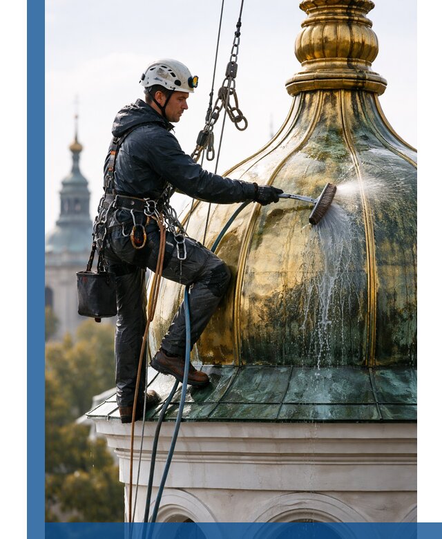 Профессиональная мойка куполов и шпилей высотными альпинистами в Дмитрах