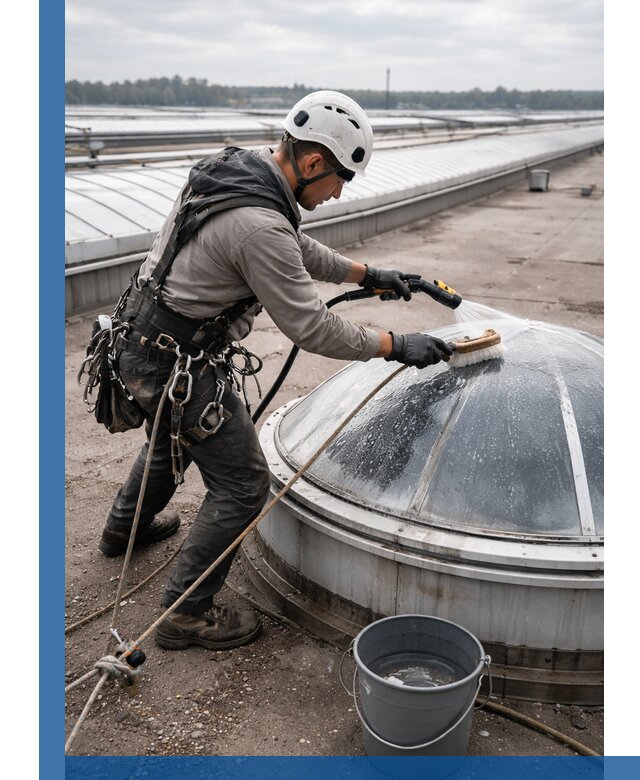 Мойка зенитных фонарей на кровле для промышленных объектов в Дмитрах