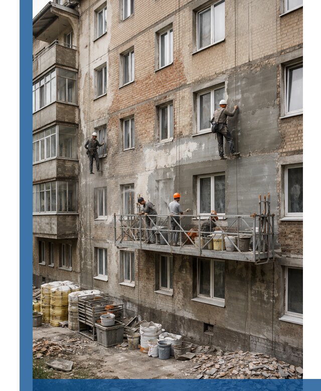 Капитальный ремонт фасада в Дмитрах с восстановлением и гидроизоляцией