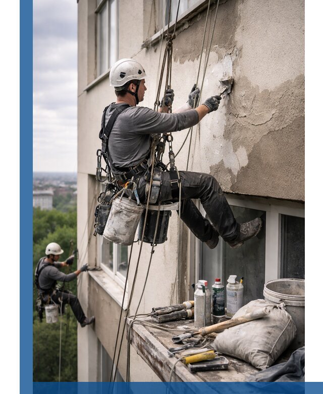 Косметический ремонт фасада зданий в Дмитрах промышленными альпинистами