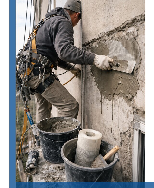 Ремонт бетонных элементов фасада промышленными альпинистами в Дмитрах