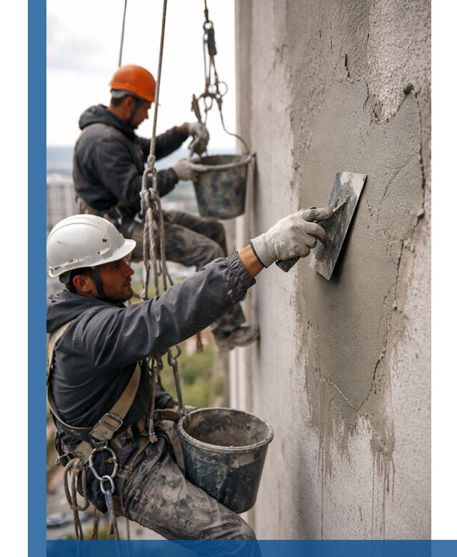 Штукатурка фасада на высоте в Дмитрах профессиональные работы