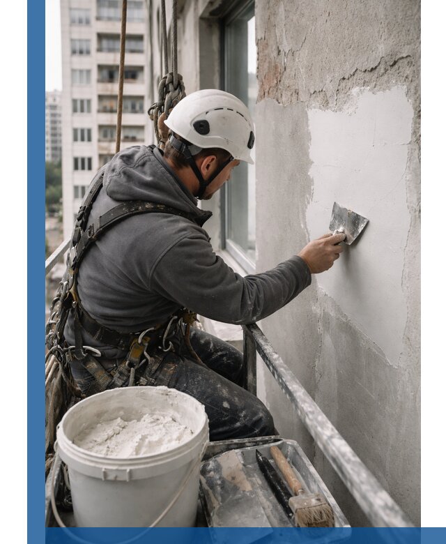 Шпаклевка фасадов на высоте с промальпинистами в Дмитрах