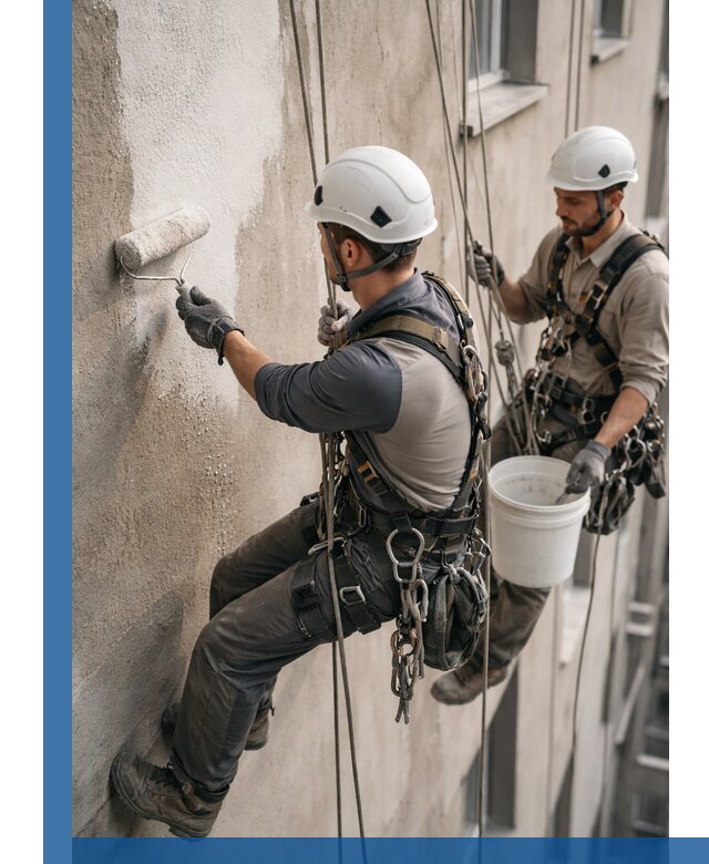 Грунтовка фасада на высоте в Дмитрах промышленными альпинистами