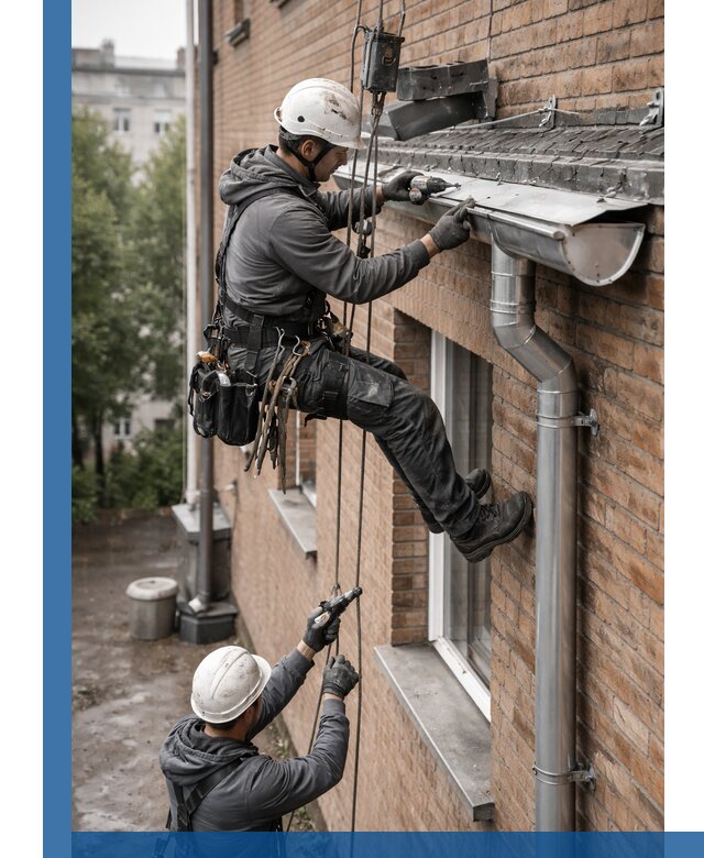 Монтаж водосточной системы на здании в Дмитрах под ключ