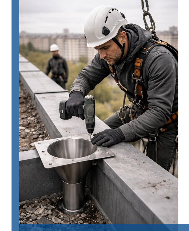 Монтаж водосточных воронок в Дмитрах для промышленных зданий