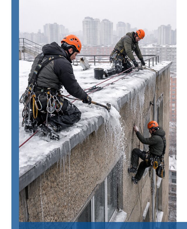 Удаление наледи с кровли в Дмитрах промышленными альпинистами