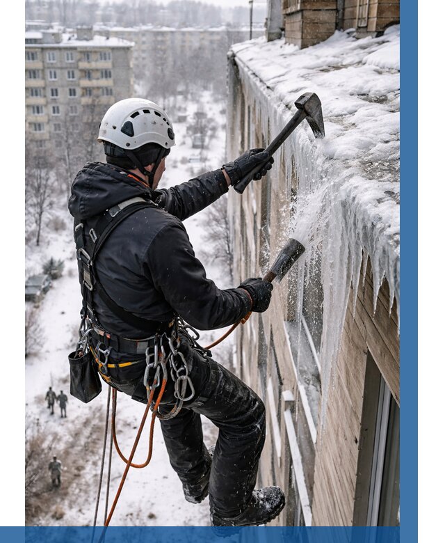 Сбивание сосулек с крыши в Дмитрах по цене от 4824 р. | ВЫСОТНИК-Дмв