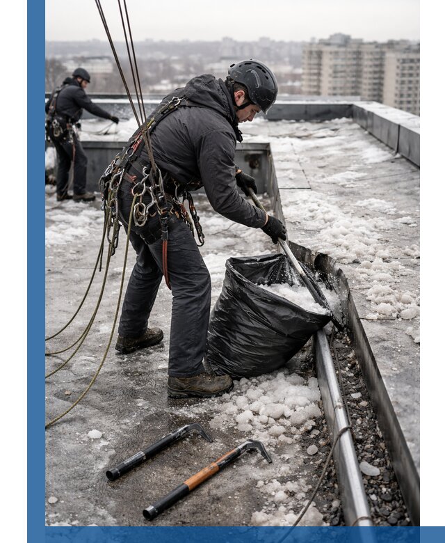Аварийная очистка кровли в Дмитрах от промальпинистов