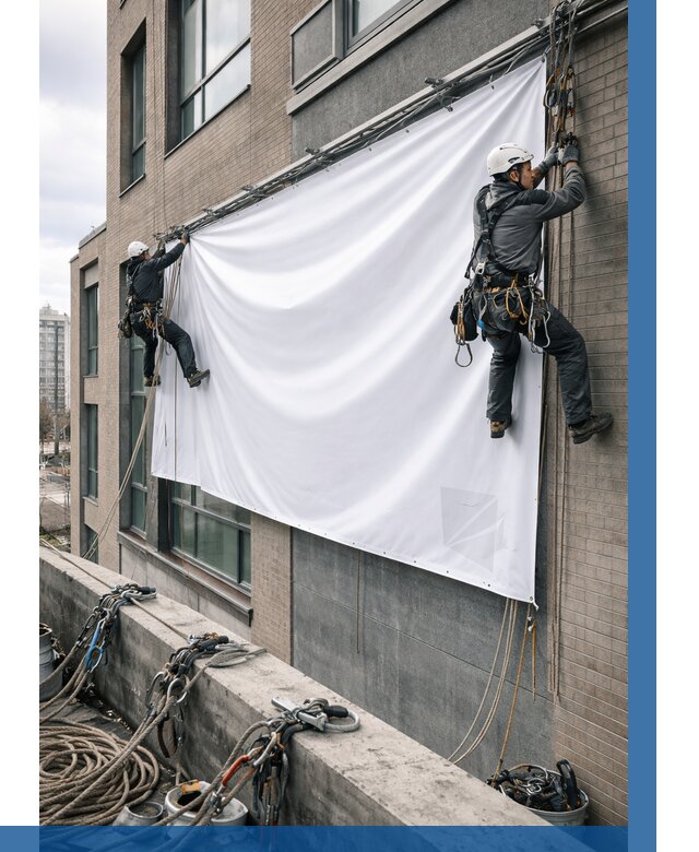 Монтаж баннеров на фасаде в Дмитрах от 697 р. заказать ВЫСОТНИК-Дмв