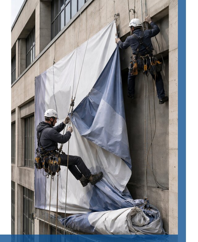 Демонтаж баннеров с фасада в Дмитрах от 4824 р. | ВЫСОТНИК-Дмв