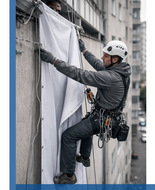 Замена баннерного полотна промышленными альпинистами в Дмитрах