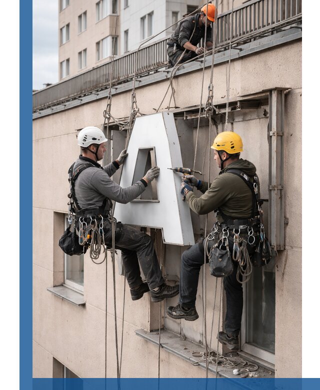 Ремонт и восстановление наружных вывесок на высоте в Дмитрах