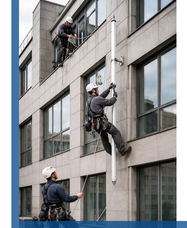 Монтаж флагштока на фасаде здания с креплением и герметикой в Дмитрах