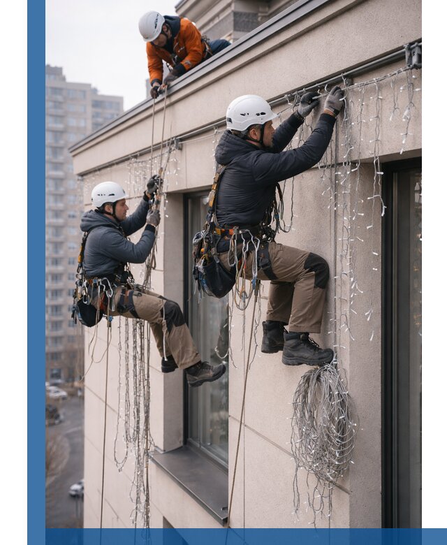 Монтаж праздничных гирлянд на фасаде в Дмитрах для зданий