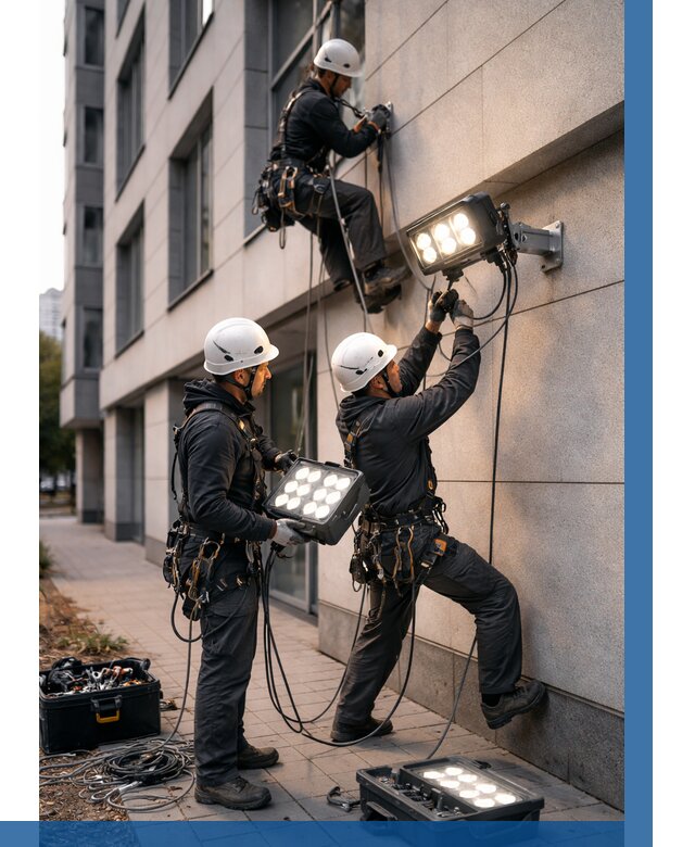 Монтаж прожекторов на фасаде в Дмитрах от 8040 р. | ВЫСОТНИК-Дмв