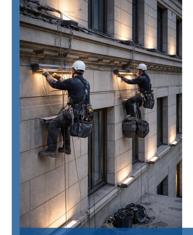 Монтаж архитектурной подсветки фасадов зданий в Дмитрах