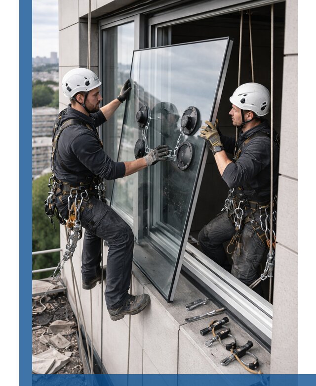 Замена стеклопакетов на высоте с промышленными альпинистами в Дмитрах