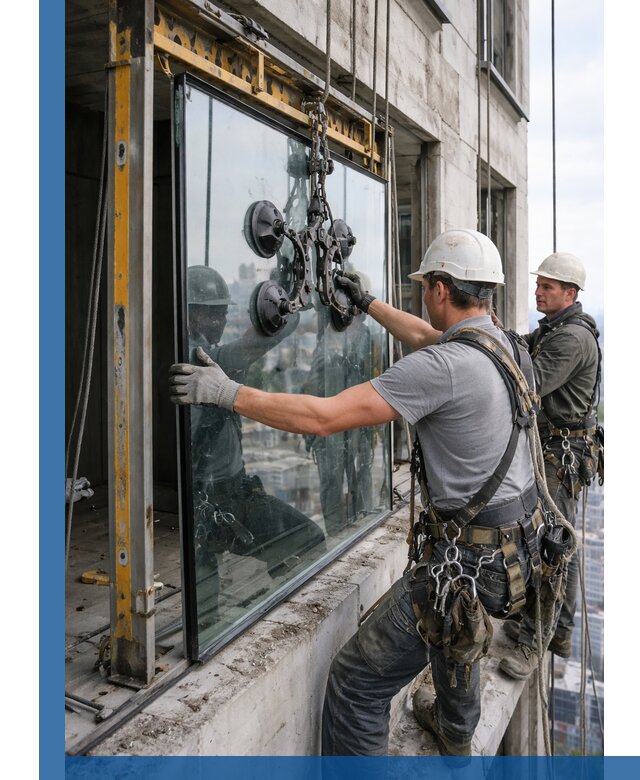 Монтаж стеклопакетов на высоте в Дмитрах с промышленным альпинизмом