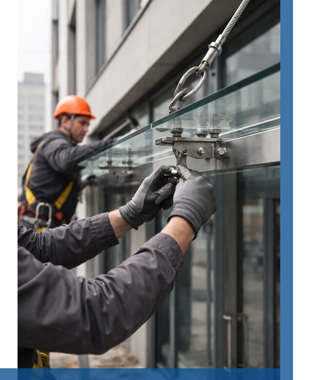 Монтаж стеклянных козырьков в Дмитрах от 9112 р. | ВЫСОТНИК-Дмв