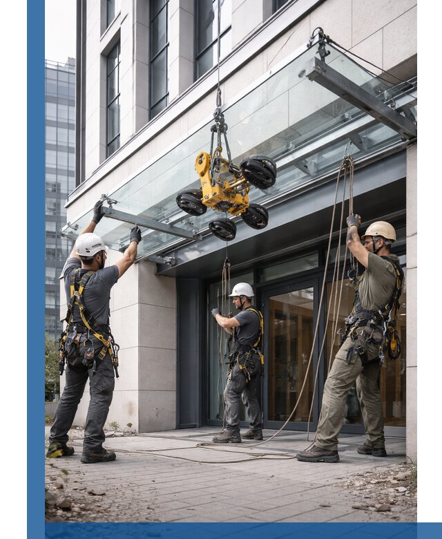 Монтаж стеклянных козырьков под ключ в Дмитрах для зданий