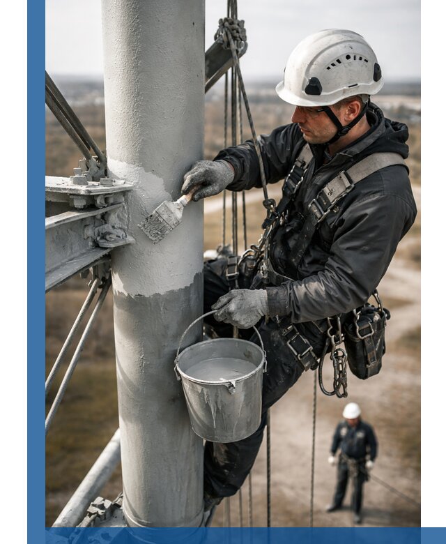 Покраска мачт связи в Дмитрах промышленными альпинистами
