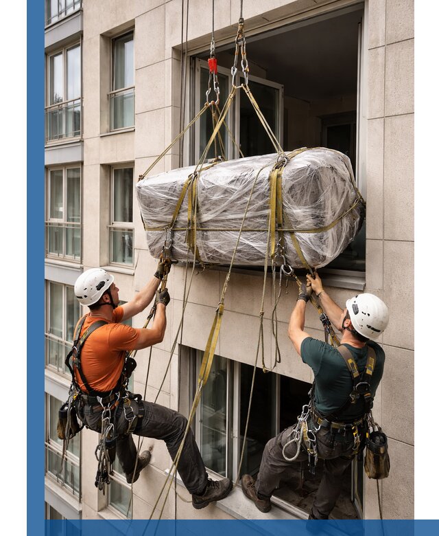 Подъем грузов через окно в Дмитрах промышленными альпинистами