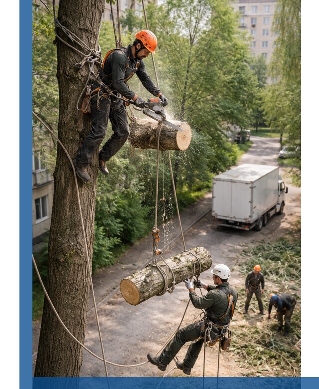 Спил деревьев альпинистами в Дмитрах, безопасно и без повреждений