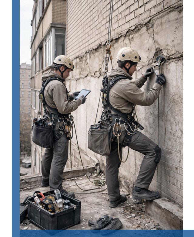 Обследование фасада промышленными альпинистами в Дмитрах